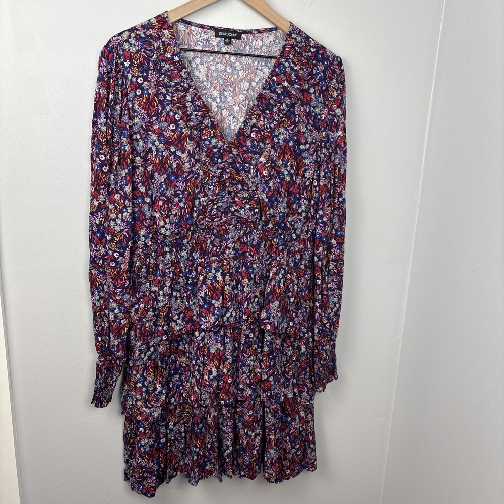 Dear John Christine Enchanted Garden Dress V-Neck Tiered Ruffle Lined Women's M